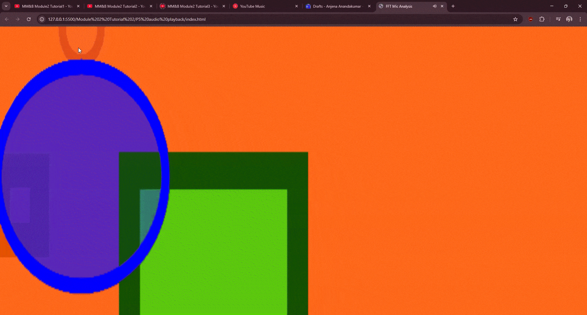 Tutorial 2 exploration. This one I changed the colours, sounds, the way the shapes look and react according to the mouse movement.