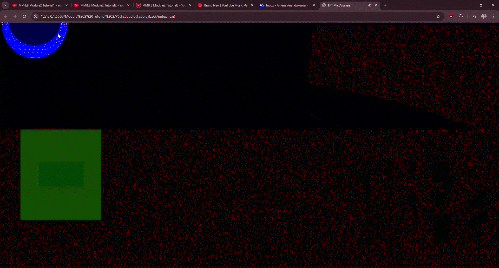 Tutorial 2 exploration. This one I changed the colours, sounds, the way the shapes look and react according to the mouse movement.