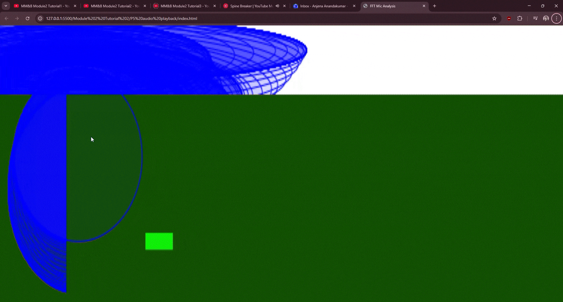 Tutorial 2 exploration. This one I changed the colours, sounds, the way the shapes look and react according to the mouse movement.