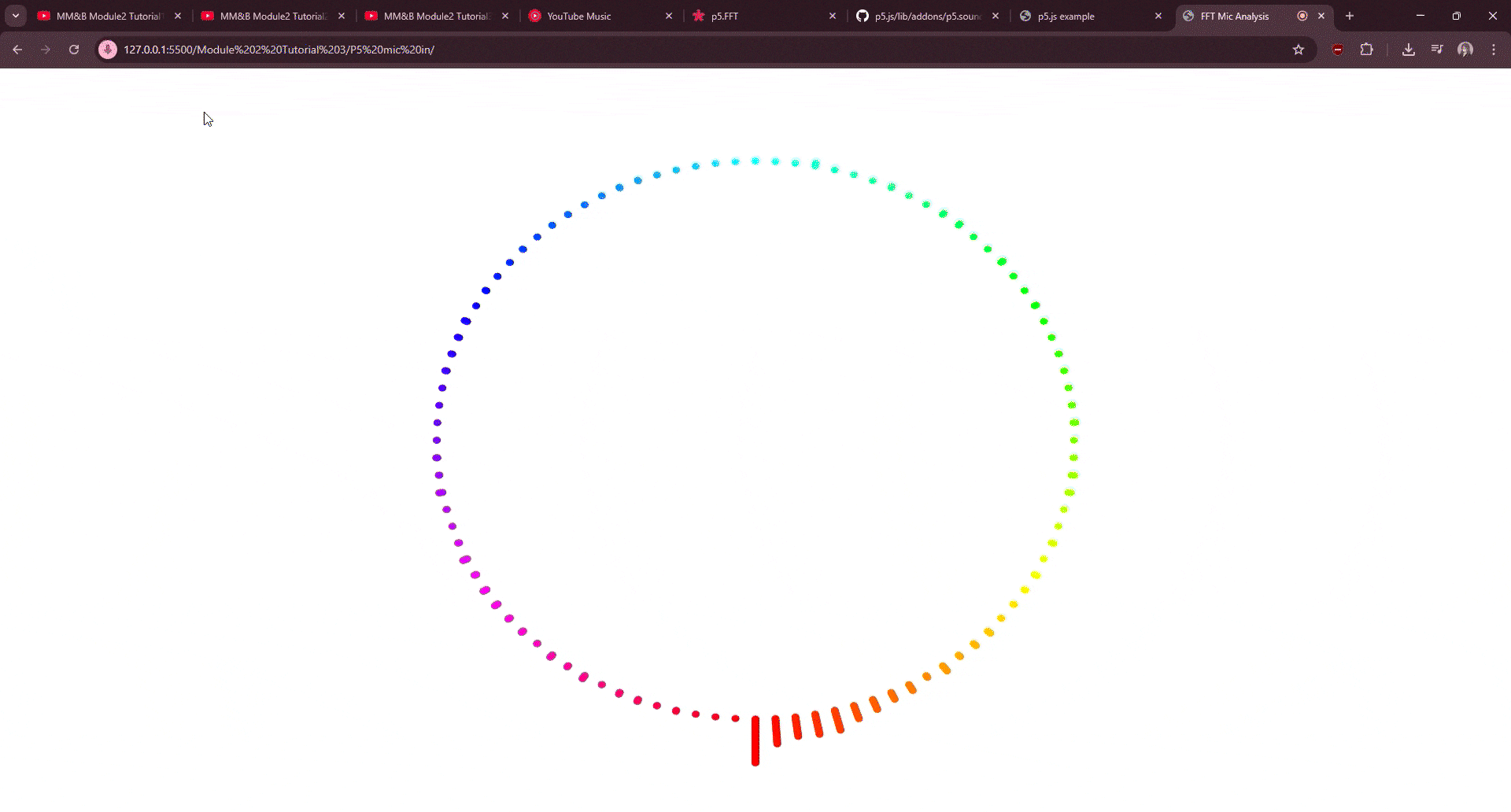 Tutorial 3 exploration of shapes and colours as well as mic reactivity/sensitivity. I tried to pull p5.js code from the recommended links and articles and incorporate my own sounds rather than use the mic, however I ran into many errors and was not able to get it working.