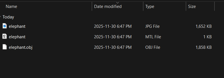 What my exported files from scaniverse look like for my elephant object.